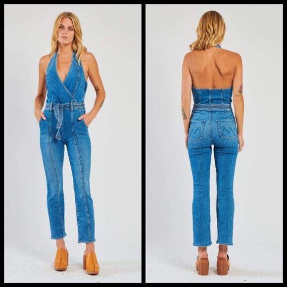 💕MOTHER DENIM💕 Halter Hustler Jumpsuit Ankle A Groovy Kind of Love 34 70s - Picture 8 of 16